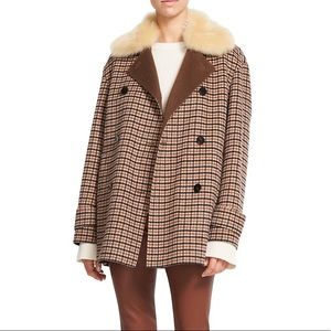 Removable shearling collar plaid peacoat
